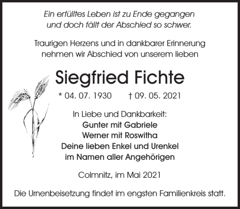  Traueranzeige für Siegfried Fichte vom 14.05.2021 aus Sächsische Zeitung