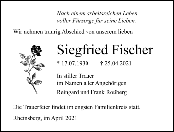 Traueranzeige von Siegfried Fischer von Ostsee-Zeitung GmbH