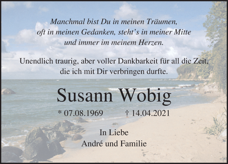  Traueranzeige für Susann Wobig vom 04.05.2021 aus Ostsee-Zeitung GmbH