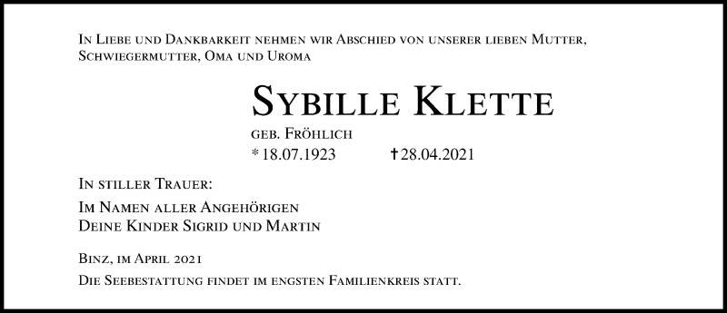  Traueranzeige für Sybille Klette vom 08.05.2021 aus Ostsee-Zeitung GmbH