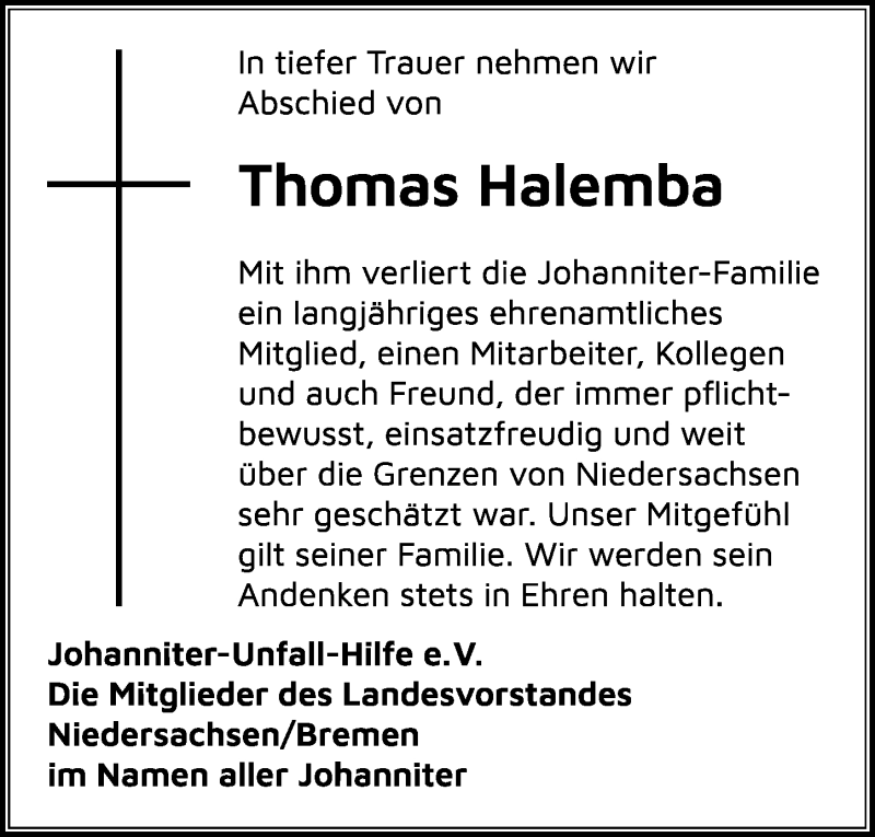  Traueranzeige für Thomas Halemba vom 08.05.2021 aus Göttinger Tageblatt