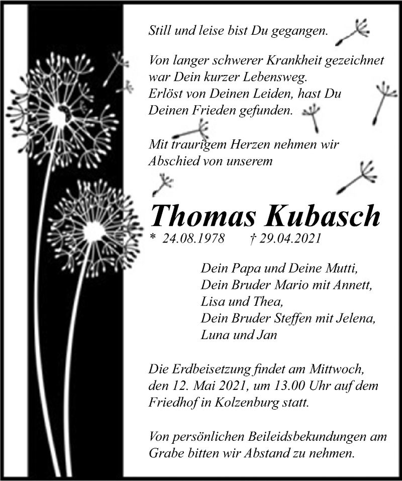  Traueranzeige für Thomas Kubasch vom 08.05.2021 aus Märkischen Allgemeine Zeitung