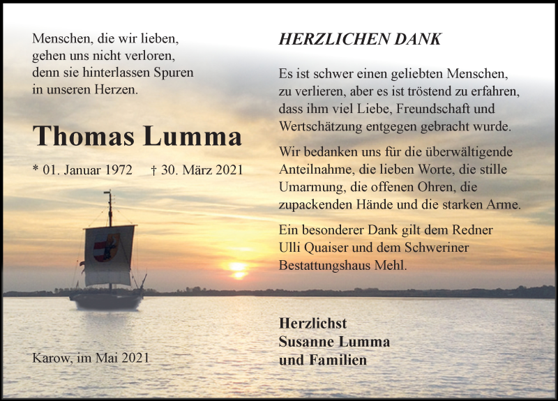  Traueranzeige für Thomas Lumma vom 08.05.2021 aus Ostsee-Zeitung GmbH