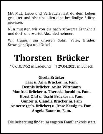 Traueranzeige von Thorsten Brücker von Lübecker Nachrichten