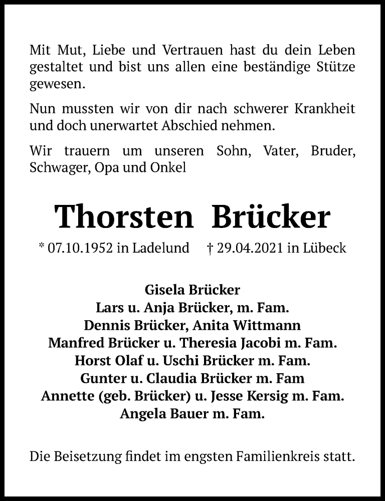  Traueranzeige für Thorsten Brücker vom 08.05.2021 aus Kieler Nachrichten