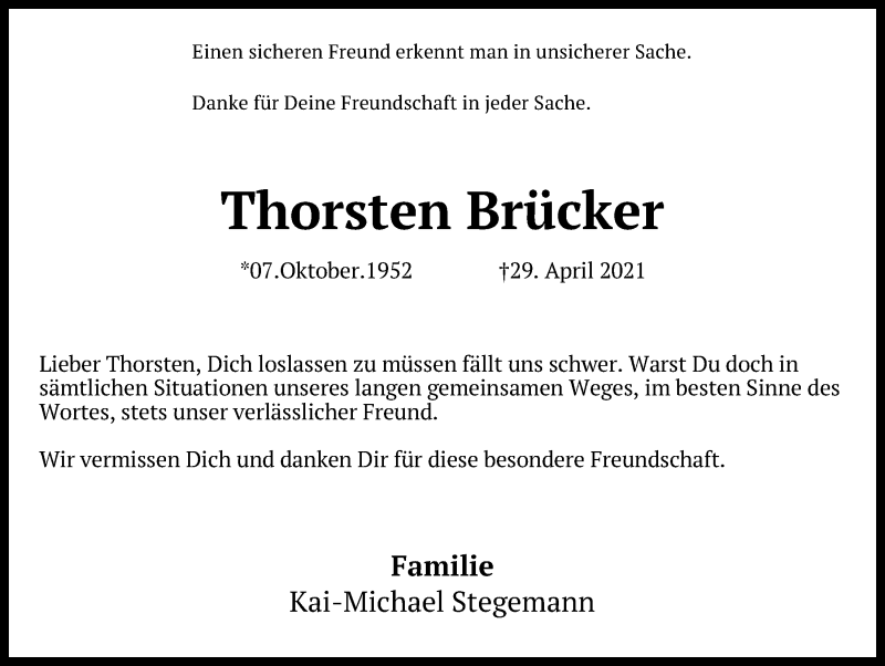  Traueranzeige für Thorsten Brücker vom 08.05.2021 aus Kieler Nachrichten
