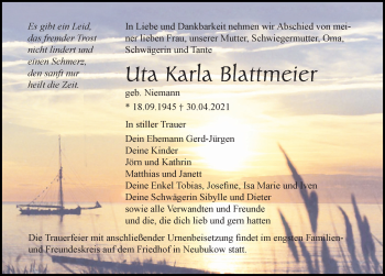 Traueranzeige von Uta Karla Blattmeier von Ostsee-Zeitung GmbH