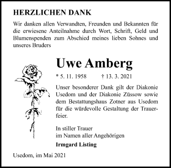 Traueranzeige von Uwe Amberg von Ostsee-Zeitung GmbH