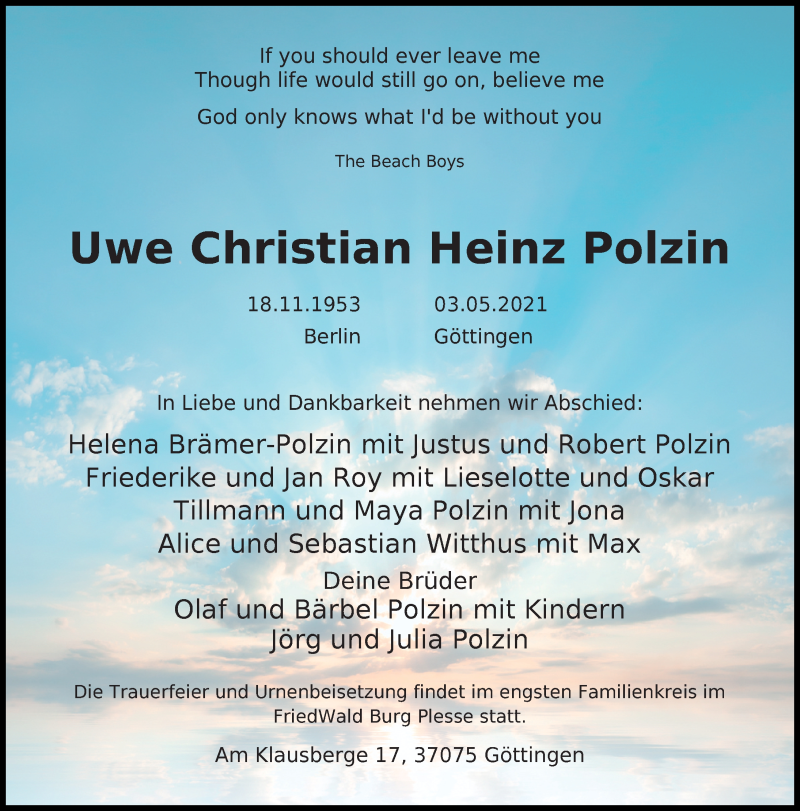  Traueranzeige für Uwe Christian Heinz Polzin vom 08.05.2021 aus Göttinger Tageblatt