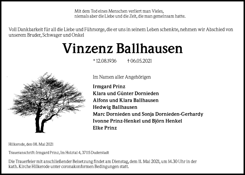  Traueranzeige für Vinzenz Ballhausen vom 08.05.2021 aus Eichsfelder Tageblatt