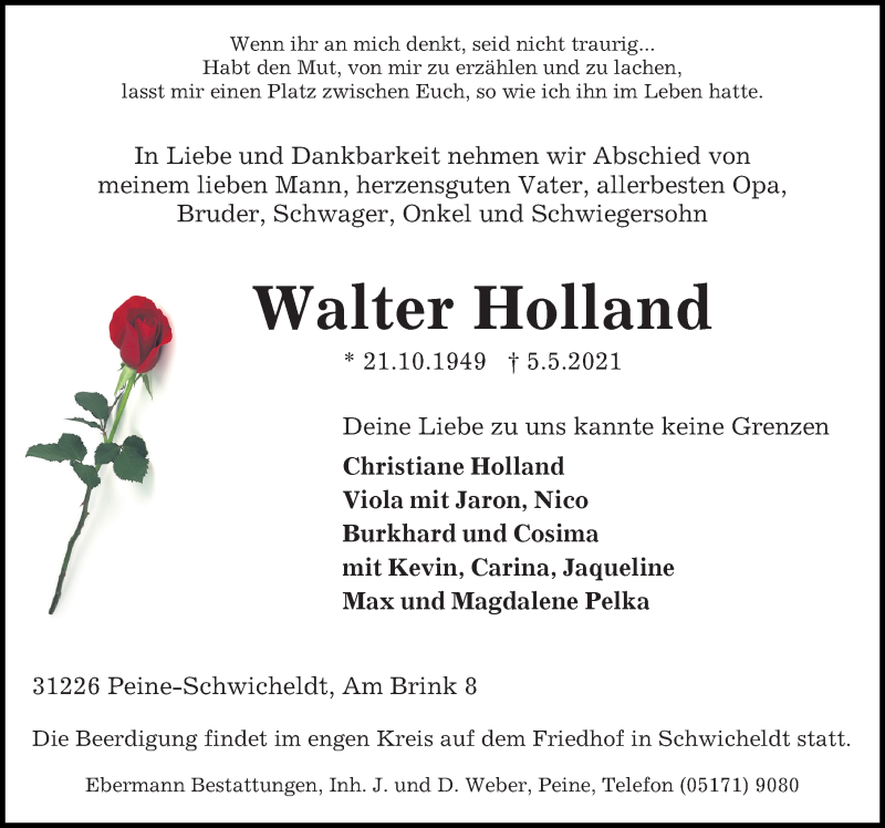  Traueranzeige für Walter Holland vom 08.05.2021 aus Peiner Allgemeine Zeitung