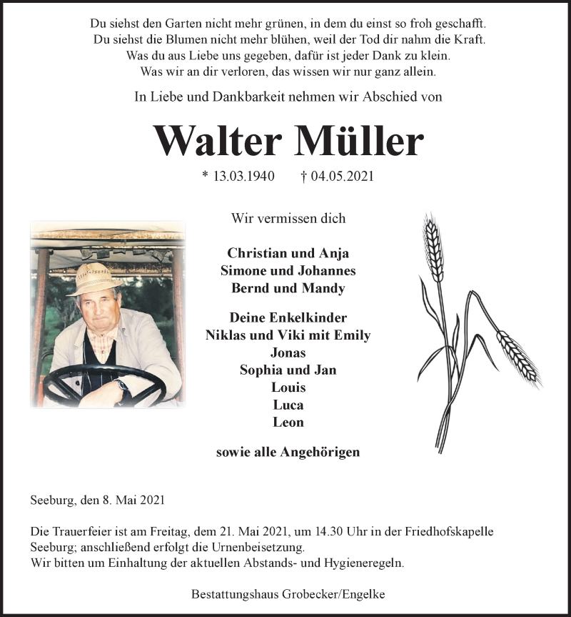  Traueranzeige für Walter Müller vom 08.05.2021 aus Göttinger Tageblatt