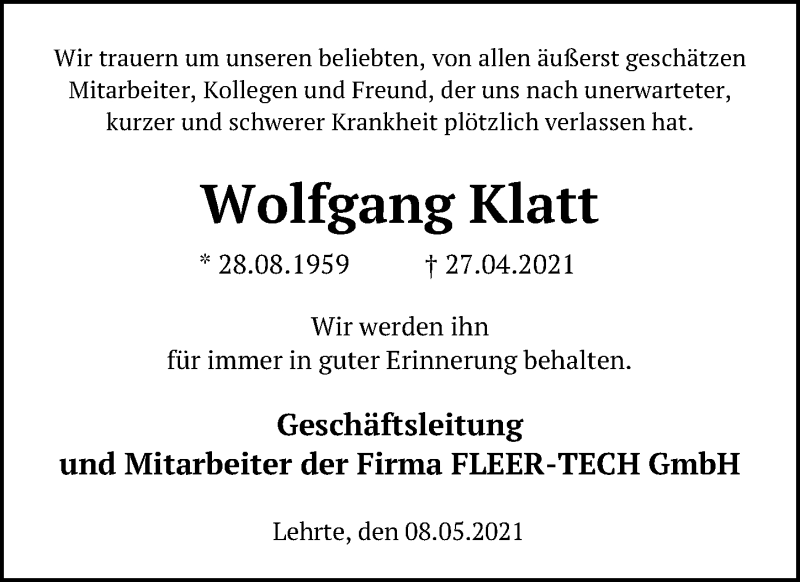  Traueranzeige für Wolfgang Klatt vom 08.05.2021 aus Hannoversche Allgemeine Zeitung/Neue Presse