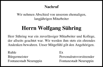 Traueranzeige von Wolfgang Sühring von Märkischen Allgemeine Zeitung