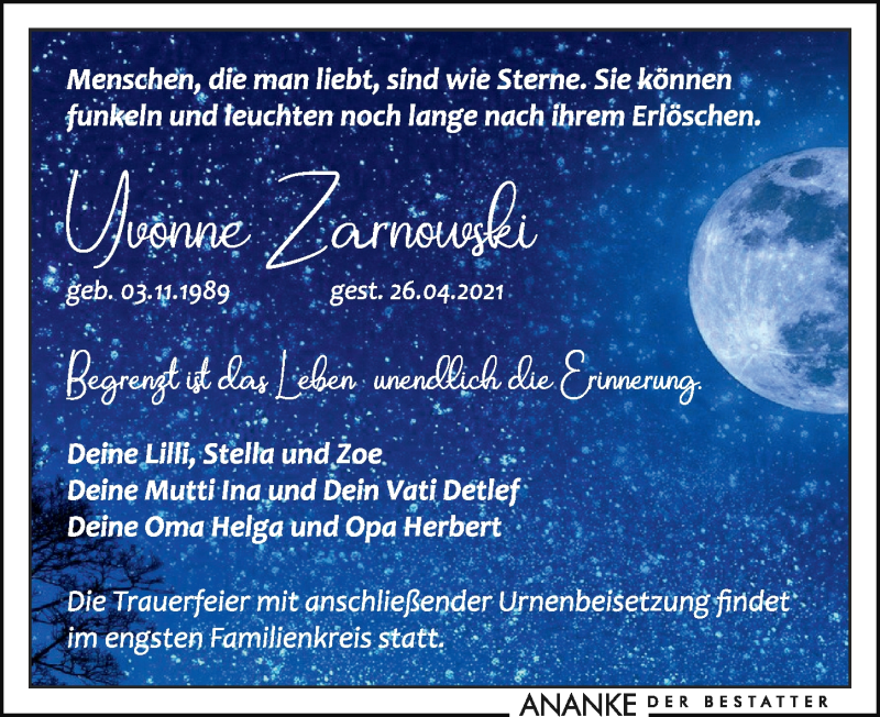  Traueranzeige für Yvonne Zarnowski vom 08.05.2021 aus Leipziger Volkszeitung