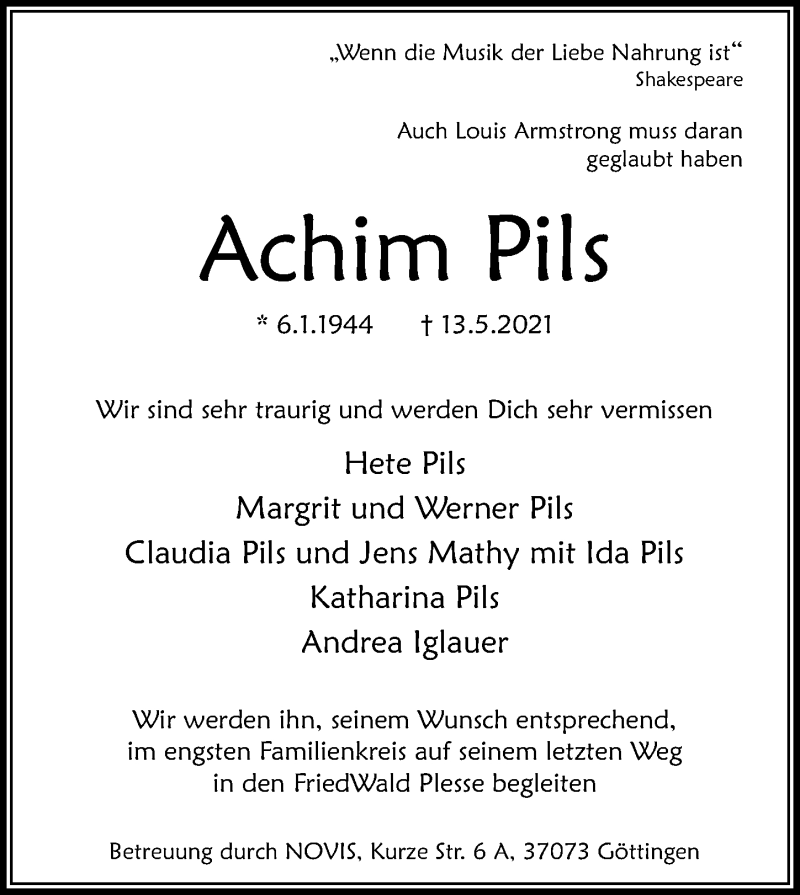  Traueranzeige für Achim Pils vom 22.05.2021 aus Göttinger Tageblatt