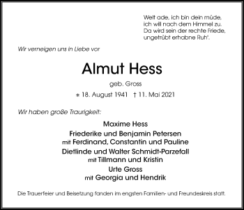 Traueranzeige von Almut Hess von Göttinger Tageblatt
