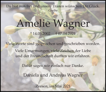 Traueranzeige von Amelie Wagner von Märkischen Allgemeine Zeitung