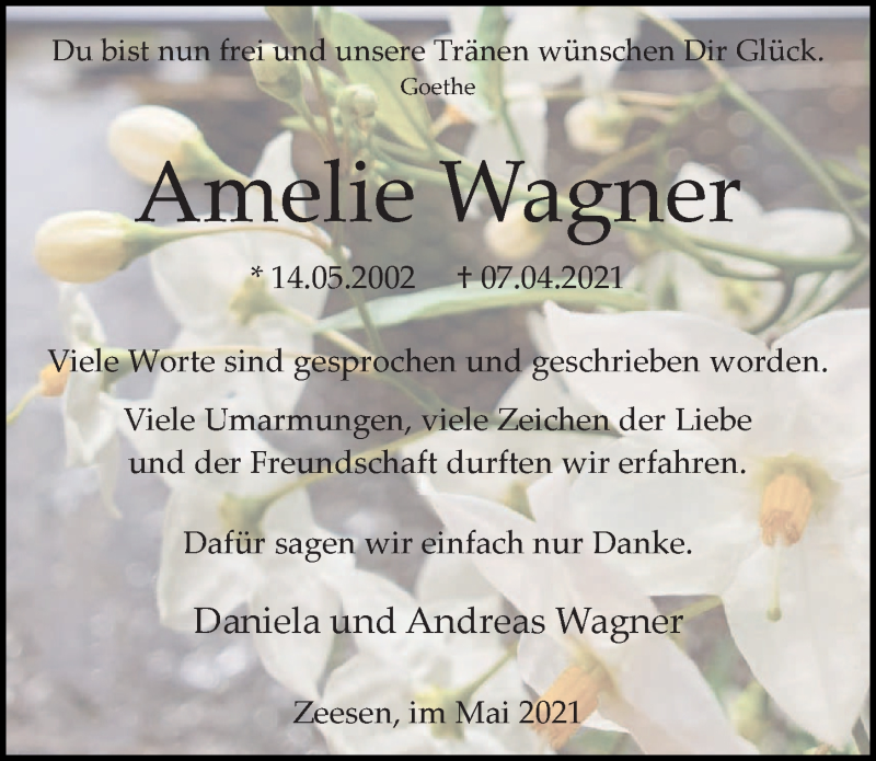  Traueranzeige für Amelie Wagner vom 22.05.2021 aus Märkischen Allgemeine Zeitung