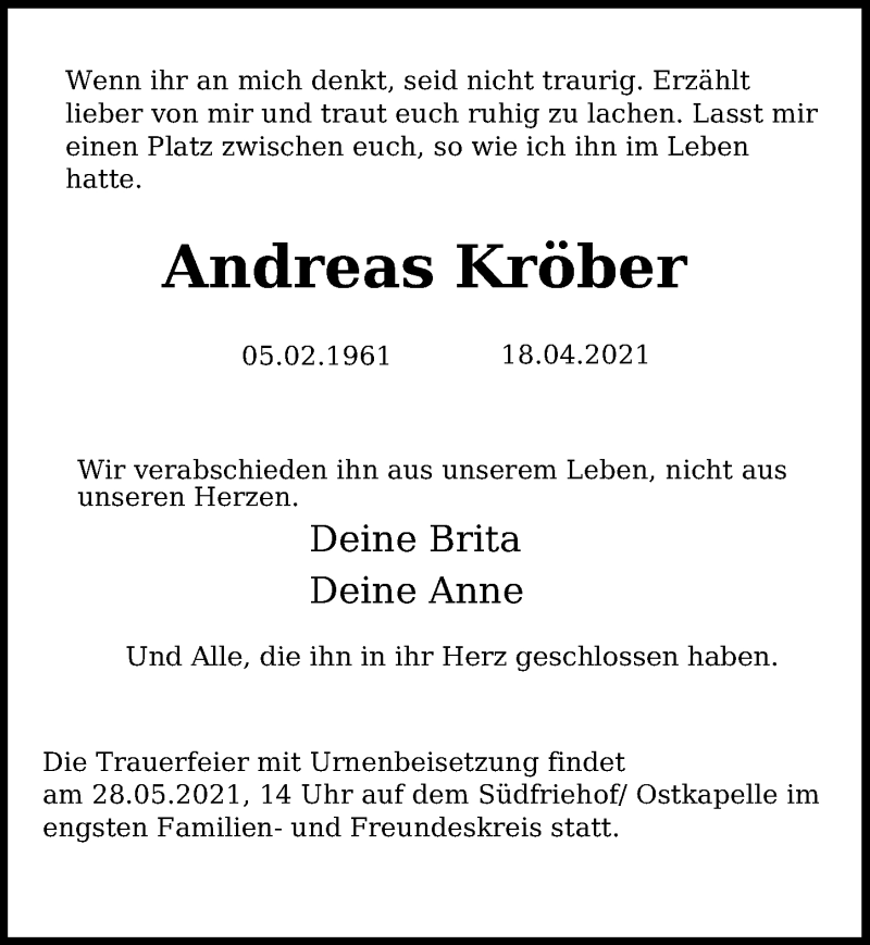  Traueranzeige für Andreas Kröber vom 15.05.2021 aus Leipziger Volkszeitung