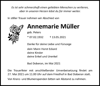 Traueranzeige von Annemarie Müller von Ostsee-Zeitung GmbH