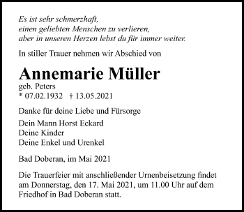 Traueranzeige von Annemarie Müller von Ostsee-Zeitung GmbH