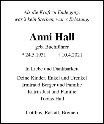 Traueranzeige von Anni Hall von Ostsee-Zeitung GmbH