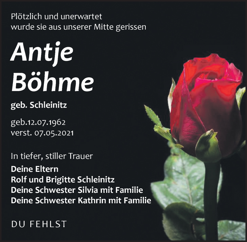  Traueranzeige für Antje Böhme vom 15.05.2021 aus Leipziger Volkszeitung
