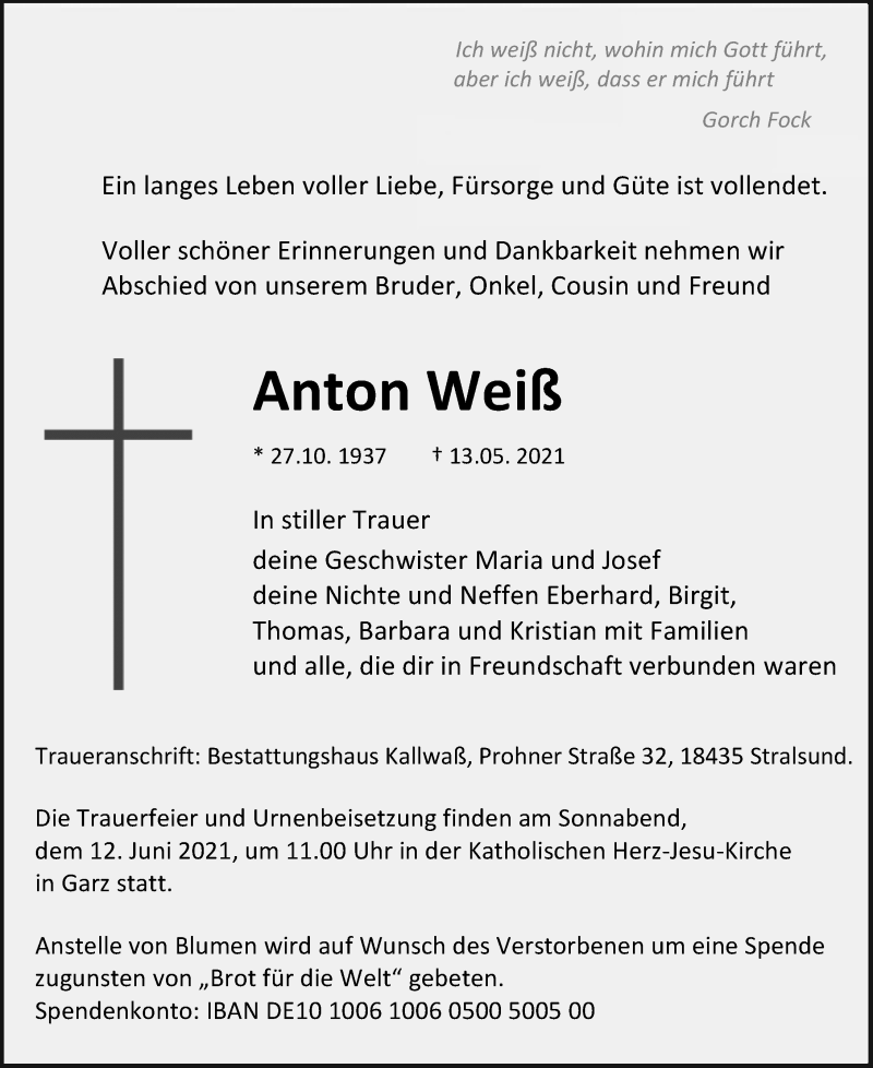  Traueranzeige für Anton Weiß vom 29.05.2021 aus Ostsee-Zeitung GmbH