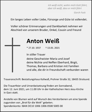 Traueranzeige von Anton Weiß von Ostsee-Zeitung GmbH