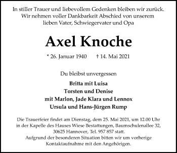 Traueranzeige von Axel Knoche von Hannoversche Allgemeine Zeitung/Neue Presse