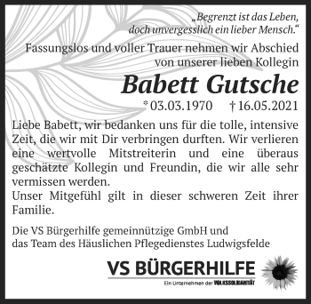 Traueranzeige von Babett Gutsche von Märkischen Allgemeine Zeitung
