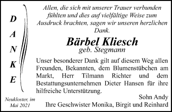 Traueranzeige von Bärbel Kliesch von Ostsee-Zeitung GmbH