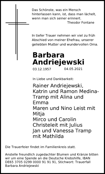 Traueranzeige von Barbara Andriejewski von Hannoversche Allgemeine Zeitung/Neue Presse