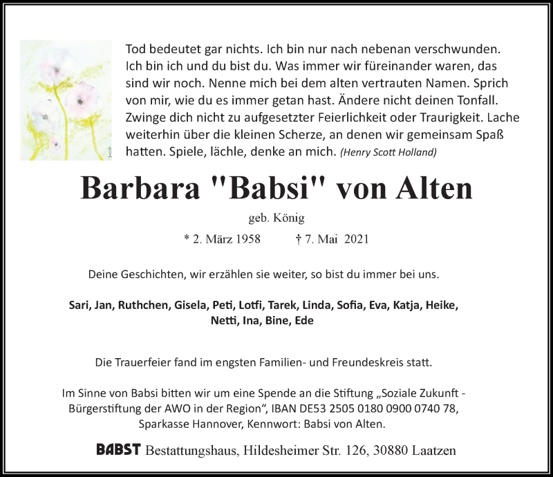  Traueranzeige für Barbara von Alten vom 22.05.2021 aus Hannoversche Allgemeine Zeitung/Neue Presse