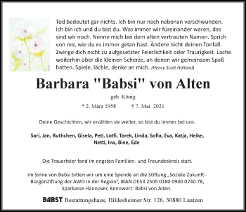 Traueranzeige von Barbara von Alten von Hannoversche Allgemeine Zeitung/Neue Presse