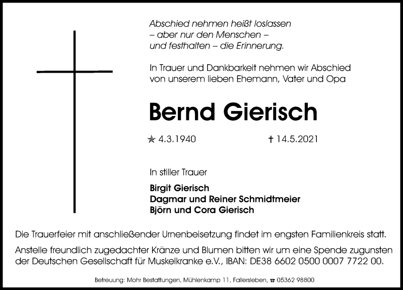  Traueranzeige für Bernd Gierisch vom 20.05.2021 aus Aller Zeitung