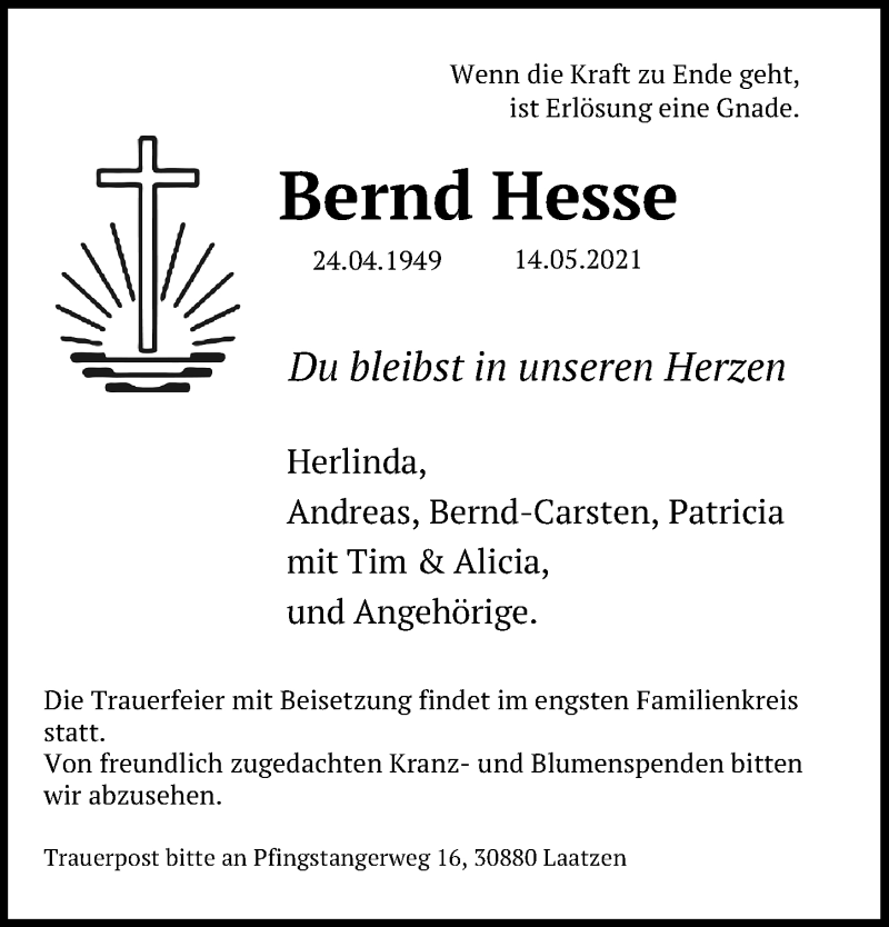 Traueranzeige für Bernd Hesse vom 22.05.2021 aus Hannoversche Allgemeine Zeitung/Neue Presse