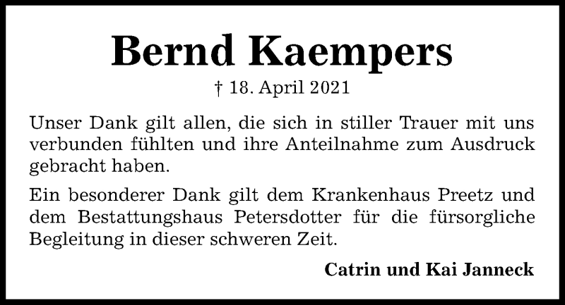  Traueranzeige für Bernd Kaempers vom 15.05.2021 aus Kieler Nachrichten