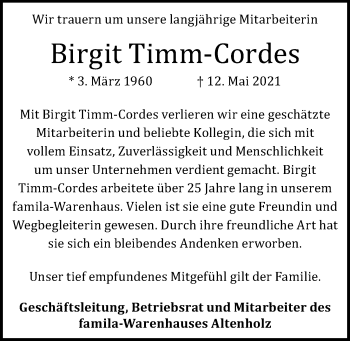 Traueranzeige von Birgit Timm-Cordes von Kieler Nachrichten