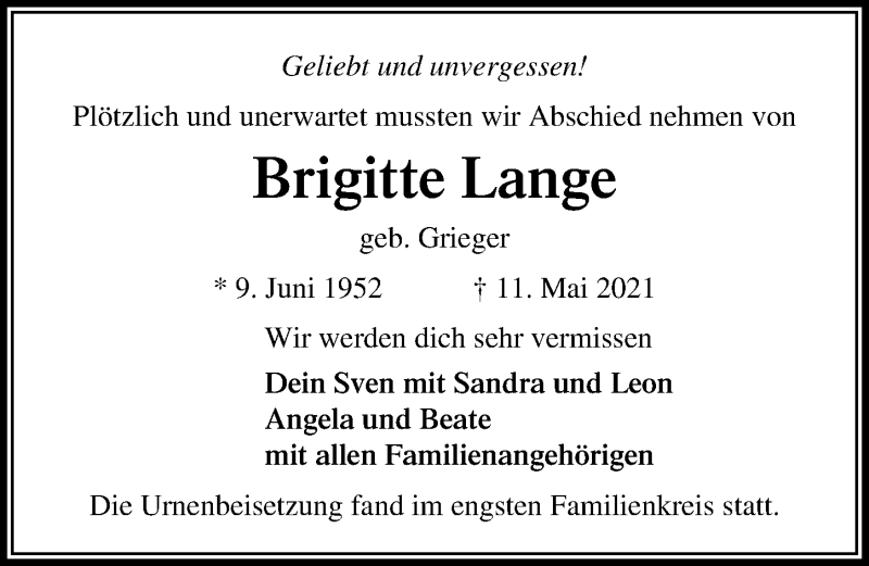  Traueranzeige für Brigitte Lange vom 30.05.2021 aus Lübecker Nachrichten