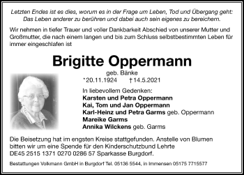 Traueranzeige von Brigitte Oppermann von Hannoversche Allgemeine Zeitung/Neue Presse