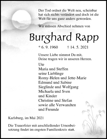 Traueranzeige von Burghard Rapp von Ostsee-Zeitung GmbH