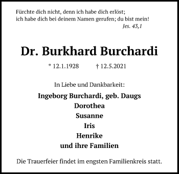 Traueranzeige von Burkhard Burchardi von Kieler Nachrichten