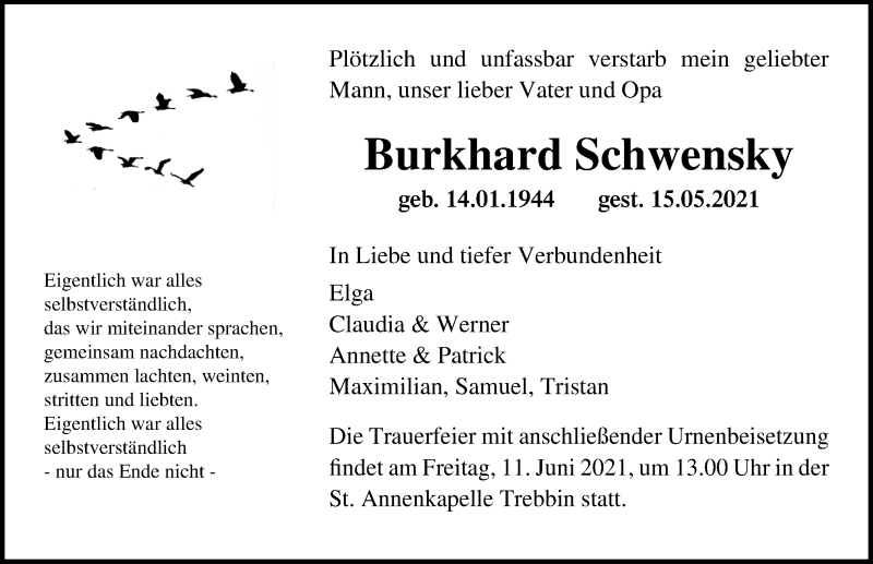  Traueranzeige für Burkhard Schwensky vom 29.05.2021 aus Märkischen Allgemeine Zeitung