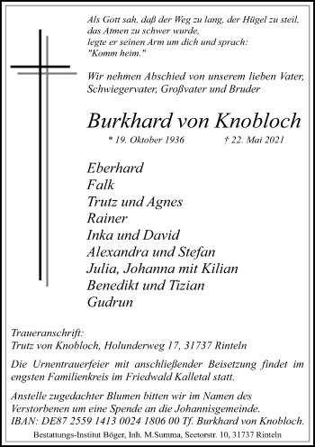 Traueranzeige von Burkhard von Knobloch von Schaumburger Nachrichten