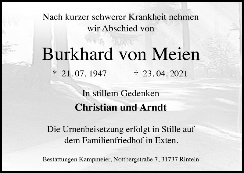  Traueranzeige für Burkhard von Meien vom 22.05.2021 aus Schaumburger Nachrichten