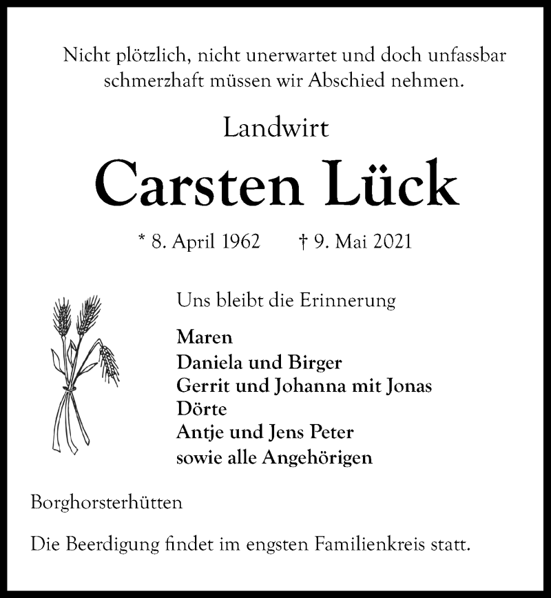  Traueranzeige für Carsten Lück vom 15.05.2021 aus Kieler Nachrichten