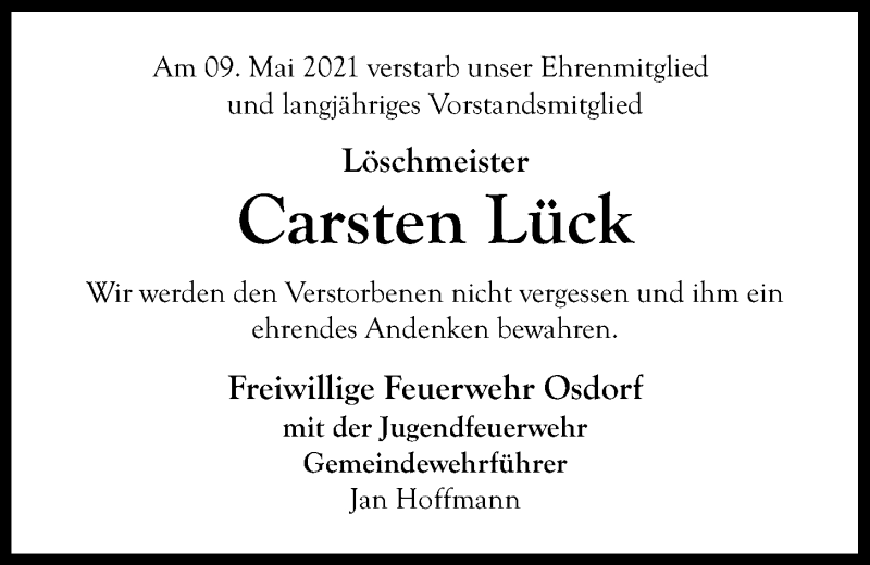  Traueranzeige für Carsten Lück vom 15.05.2021 aus Kieler Nachrichten