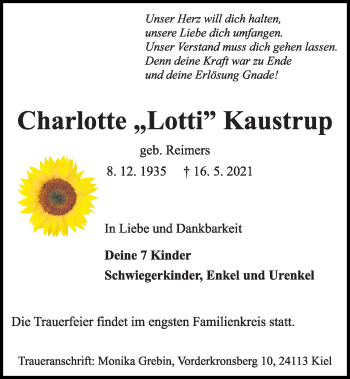 Traueranzeige von Charlotte Kaustrup von Kieler Nachrichten
